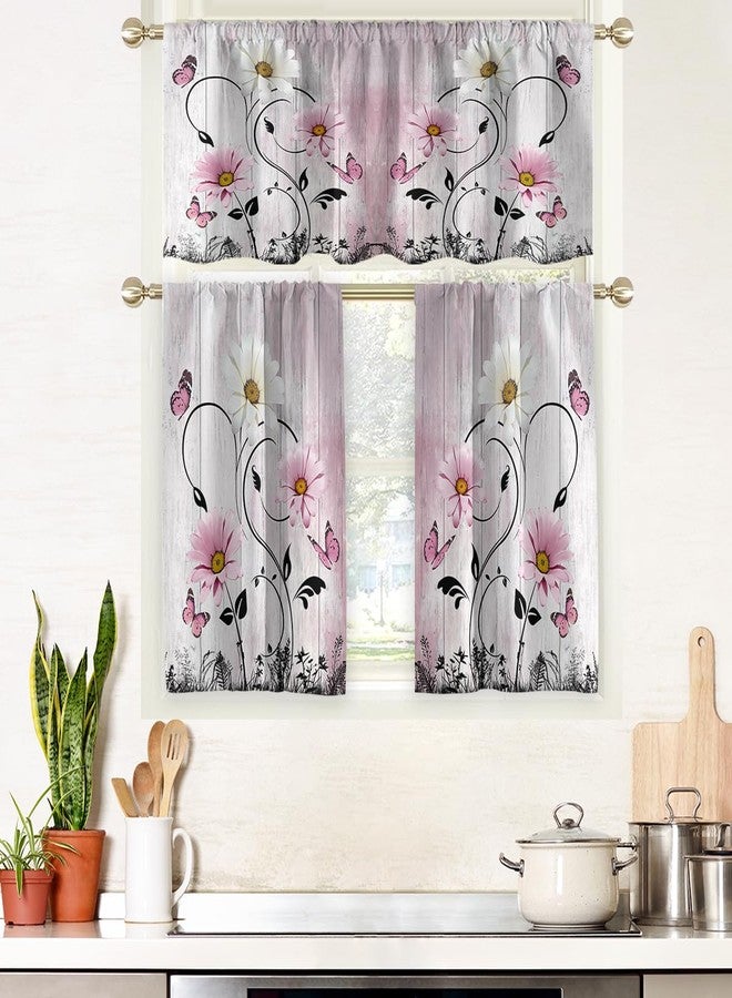 AAtter Pink Floral Kitchen Curtains Valance and Tiers Set 3 Piece Rustic Flower White Daisy Butterfly Rod Pocket Small Short Living Room Bedroom Bathroom Window Drapes 52x18 inch + 26x36 inch*2 - Image 1